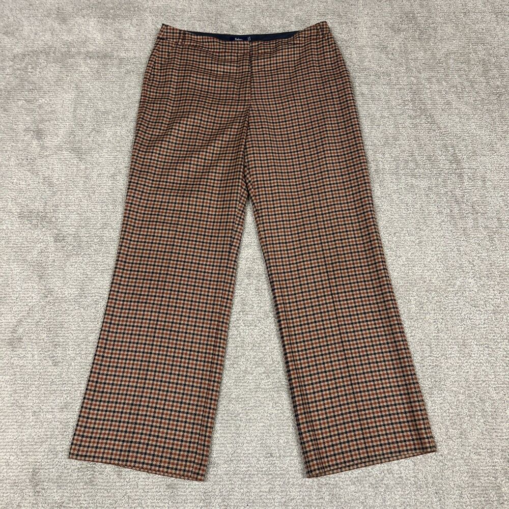 Boden Pants Womens 14 Wool British Tweed Trousers Tan Maroon Navy Plaid Wide Leg